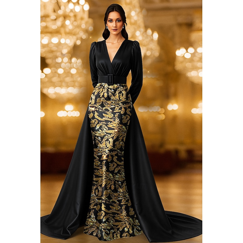 Black Gold Blue A-Line Evening Gown Elegant Formal Dress Formal Wedding Floor Length Half Sleeve Shirt Collar Satin with Slit Embroidery Appliques 2025