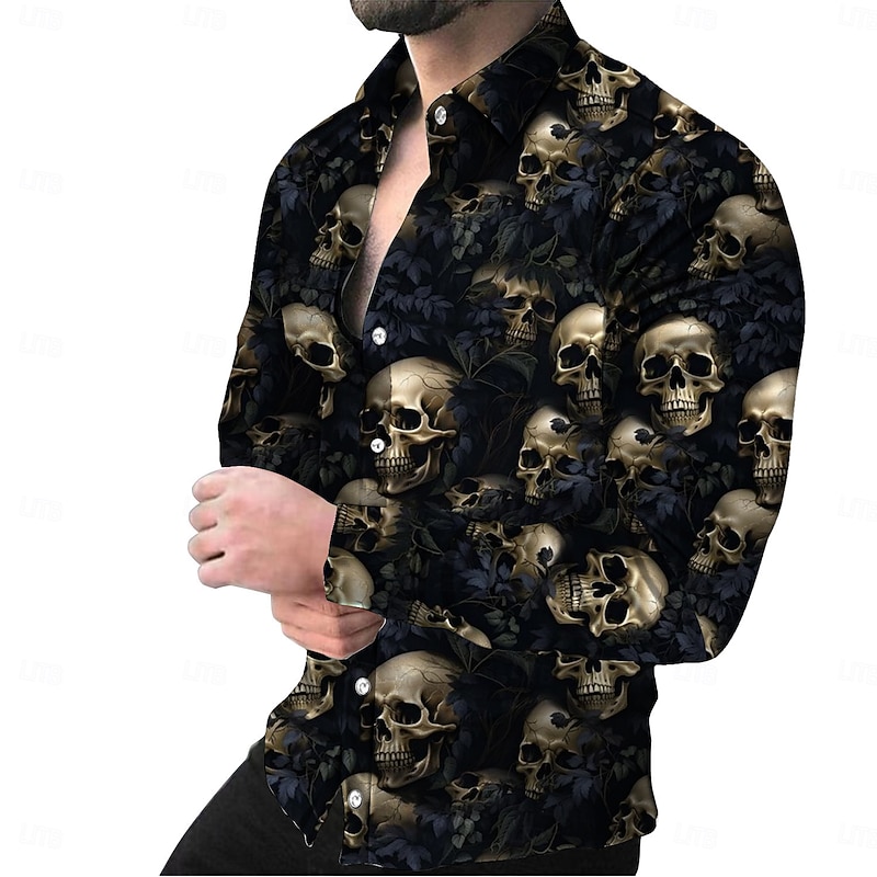 Halloween Men's Skulls Shirt Summer Shirt Beach Shirt Long Sleeve Hawaiian Casual Horror Vacation Street Hawaiian Spring &  Fall Lapel Print Black 1 Black Red Gray Black 23