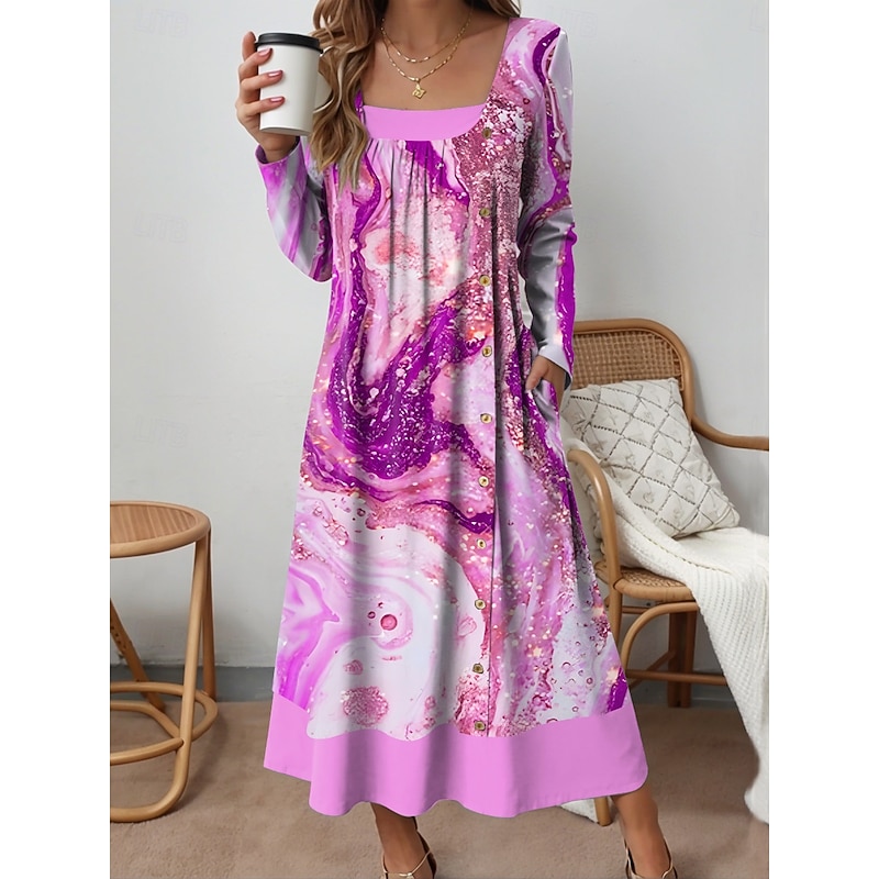 Women's Midi Dress Shift Dress Casual Daily Loose Fit Graphic Geometric Abstract Long Sleeve Square Neck Pink Blue Purple Green Spring Fall Winter2
