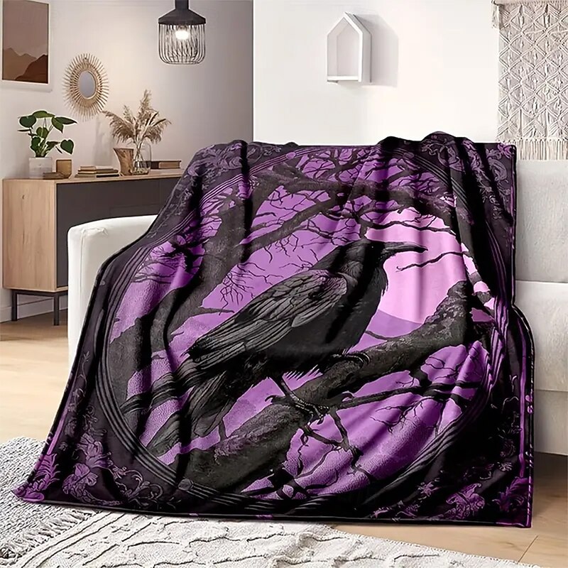 Halloween Fleece Throw Blanket for Couch Crow 3D Dark Punk Gothic Style Party Sofa Bed Decorative Warm Blanket Home Decor3