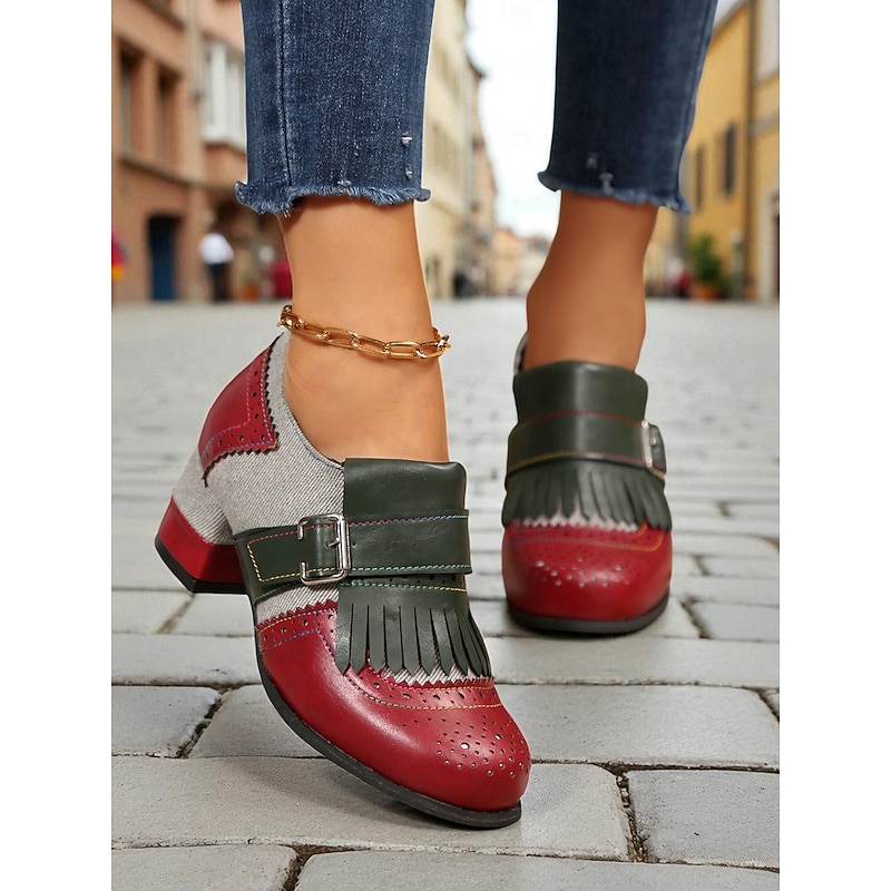 Women's 1950s Retro T-Strap Block Heel Oxfords with Fringe, Unique Color Block Design for Casual, Daily & Street Style.