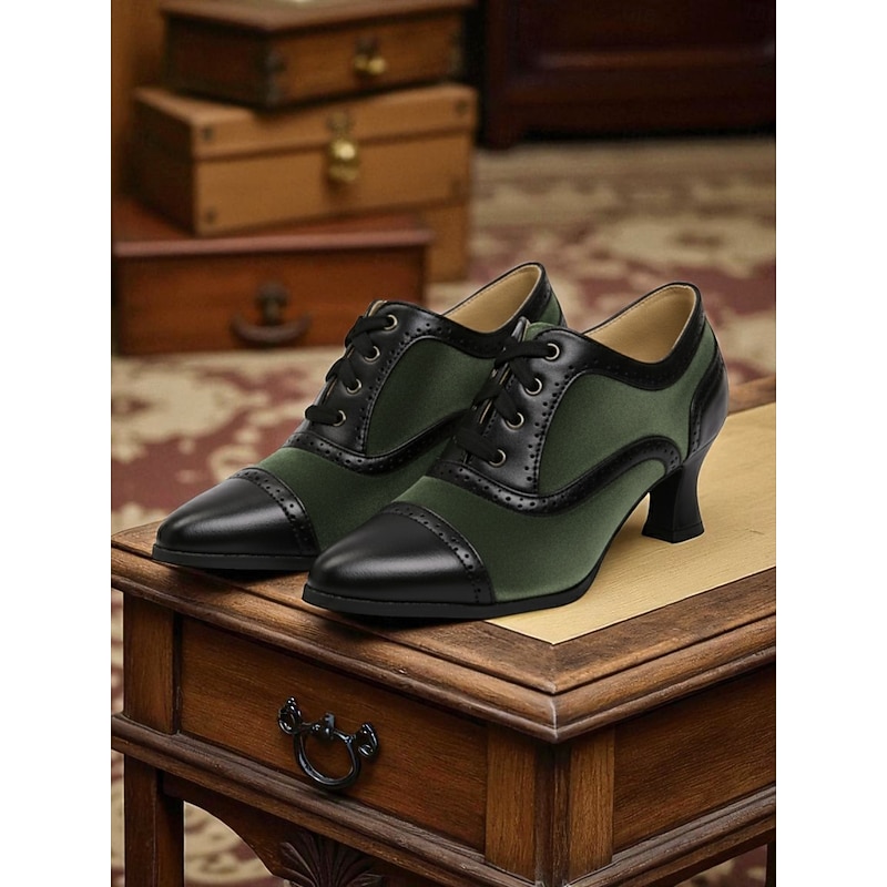 Women's 1920s Edwardian Lace-Up Kitten Heel Oxford Shoes – Vintage Two-Tone Velvet and Faux Leather Brogue Pumps for Gatsby Party and Formal Wear