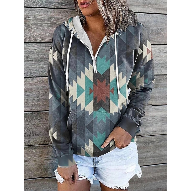 Women's Pullover Hoodie Sweatshirt Geometric Color Block Vintage Ethnic Casual Long Sleeve Hooded Regular Tops Street Dailywear Black Blue Khaki Beige Fall Winter