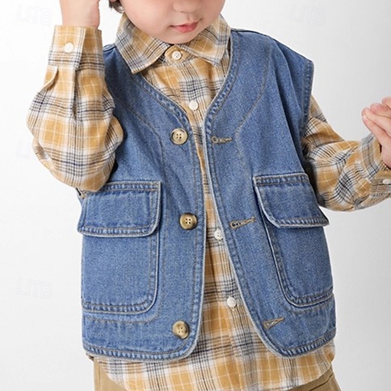 Kids Unisex Vest Coat Outerwear Solid Color Sleeveless Buttons Keep Warm Soft Breathable Coat Outdoor Cotton Fashion Daily Blue Spring Fall 4 years+3