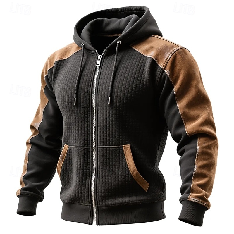 Men's Hoodie Full Zip Hoodie Waffle Hoodies Black Hooded Plain Patchwork Color Block Sports & Outdoor Casual Daily Streetwear Cool Sportswear Winter Spring &  Fall Clothing Apparel Hoodies