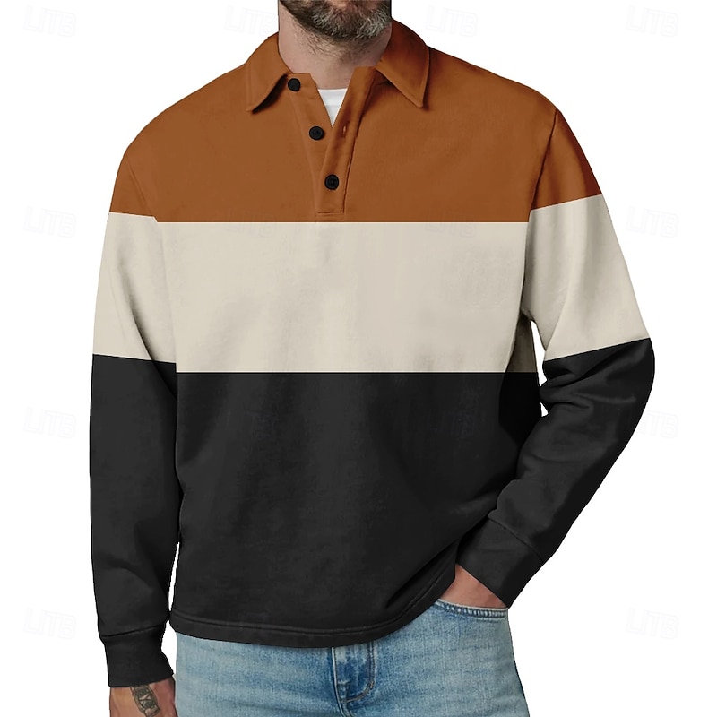 Men's Horizontal Stripes Rugby Polo Long Sleeve Polo Shirts Collared Shirts Sportswear Casual School Outdoor Athleisure 3D Print Spring Fall Winter Blue Brown Gray3