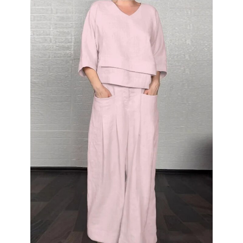 Women's Fashion Streetwear Pants Sets Bolero Top 3/4 Length Sleeve V Neck Solid Color Outdoor Work Casual Black White Pink Spring Loose Fit4