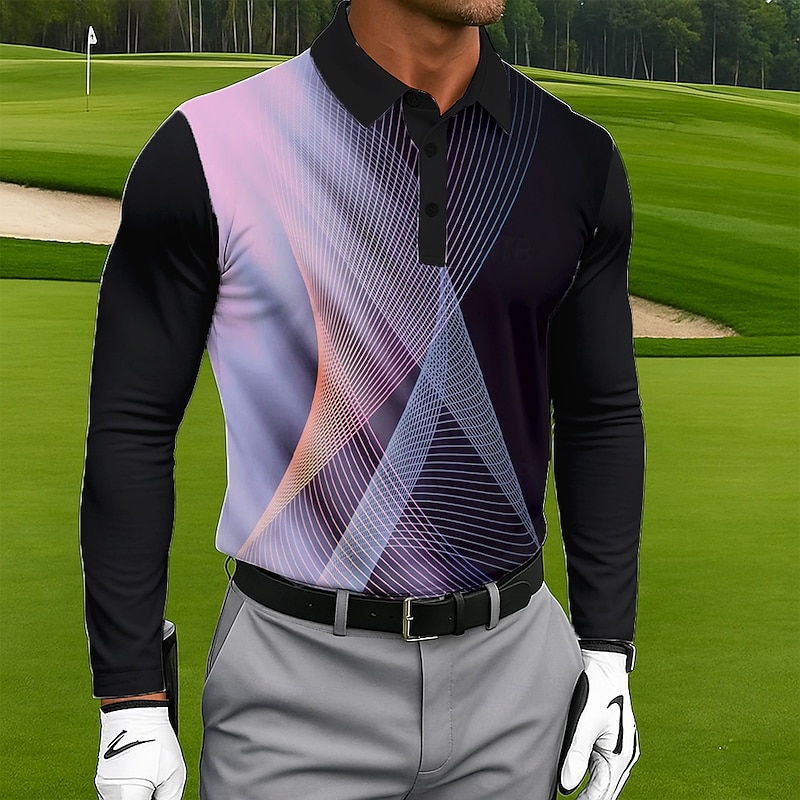 Men's Geometric Golf Polo Long Sleeve Polo Shirts Lapel Casual Outdoor Athleisure Daily Wear 3D Print Buttons Spring Fall Winter Blue Purple Orange3
