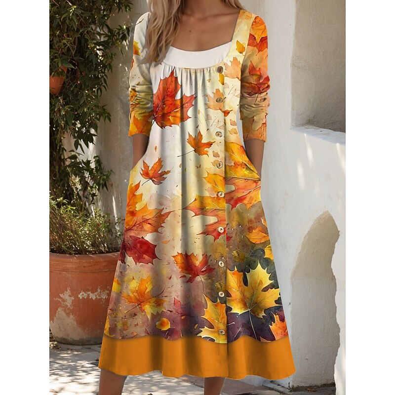 Women's Midi Dress Shift Dress A Line Dress Casual Daily Regular Fit Graphic Leaf Long Sleeve Square Neck Yellow Orange Brown Fall Winter3