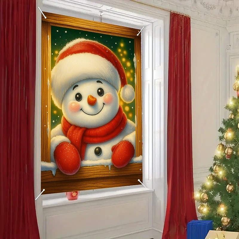 Christmas Snowman Friends Curtain, 2025 Xmas Cute Winter Window Curtain Door Cover for Holiday Decor, Kids Room, Front Door, Indoor Outdoor Hanging Tapestry4