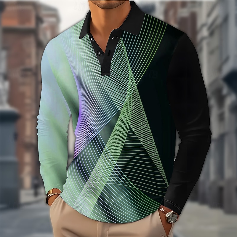 Men's Geometric Line Polo Long Sleeve Polo Shirts Lapel Casual Outdoor Street Athleisure Daily Wear 3D Print Buttons Spring Fall Winter Blue Purple Green2