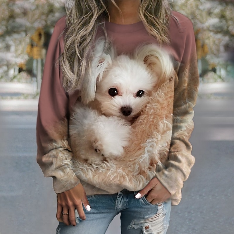 Women's Pullover Sweatshirts Dog Fashion Streetwear Classic Long Sleeve Crew Neck Regular Tops Dailywear Casual Print Khaki Spring Fall Winter
