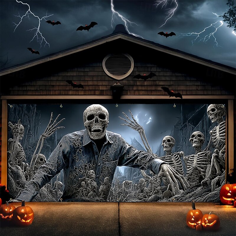 Halloween Tapestry Garage Door Cover Large Hanging Backdrop Skeleton 3D Print Dark Punk Gothic Style Party Outdoor Shooting Backgrounds Yard Haunted House Home Decor2