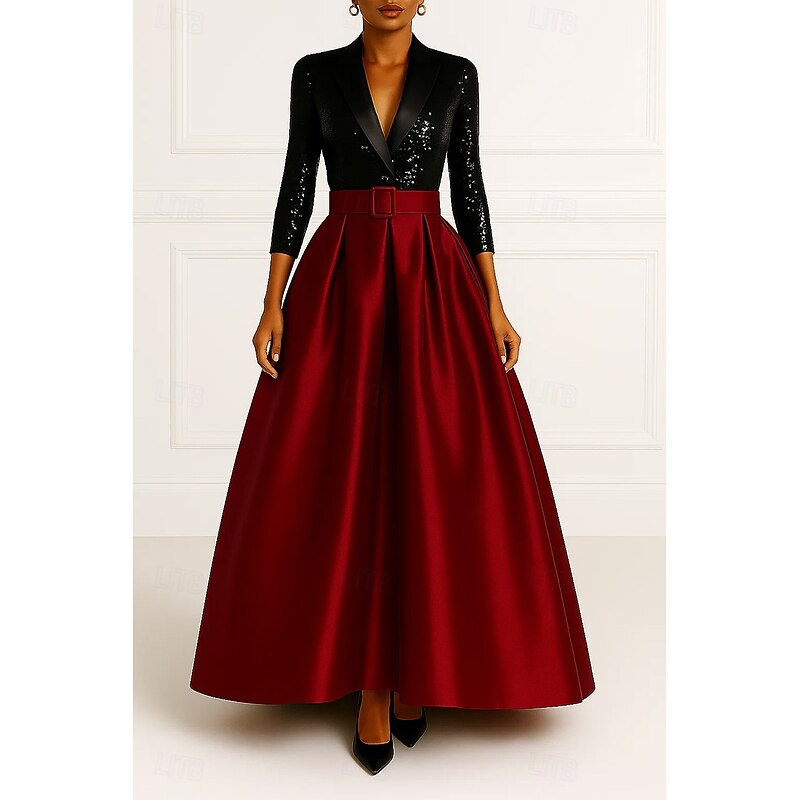 Tuxedo Dress Black Sequin Dress Formal Wedding Wedding Guest Satin A-line Dress Elegant 3/4 Sleeve Pleated Floor Length Peaked Lapel Hidden4