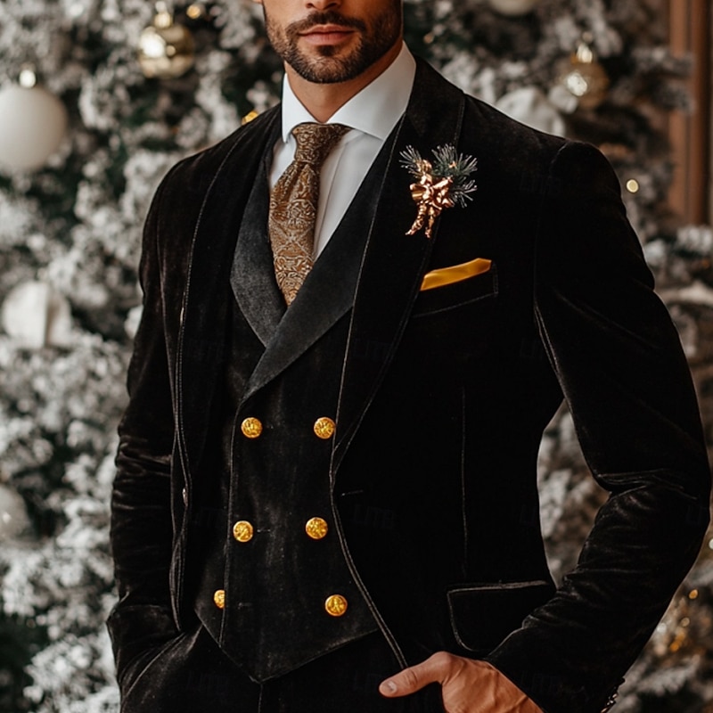 Men's Christmas Casual Party Velvet Suits Shawl Lapel Black Christmas Daily Solid Colored Tailored Fit 3 Piece Single Breasted One-button