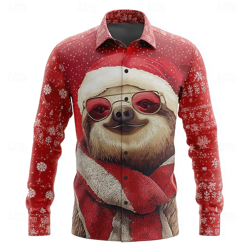 Christmas Men's Animal Fox Sloth Shirt Button Up Shirt Long Sleeve Funny Outdoor Holiday Spring Fall Turndown 3D Print Collared Shirts Red 1 Red Khaki Light Blue2