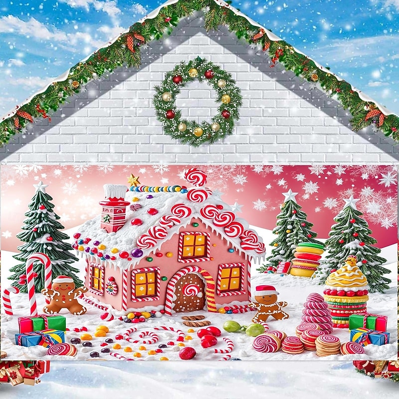 Christmas Outdoor Garage Door Cover Pink Candy House Gingerbread Man Christmas Tree Large Tapestry Backdrop Holiday Party Wall Decoration For Outdoor Garage Door Home Festival Celebration Decor2
