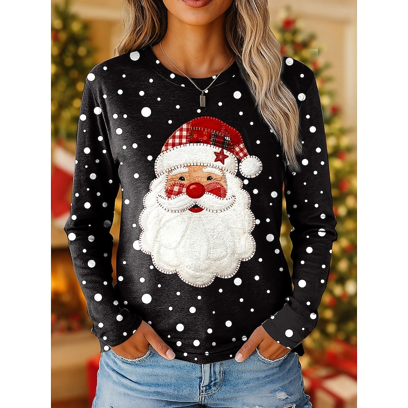 Christmas Women's T Shirt Graphic Santa Claus Vintage Fashion Stylish Long Sleeve Crew Neck Regular Tops Daily Weekend Print Black Red Blue Fall Winter