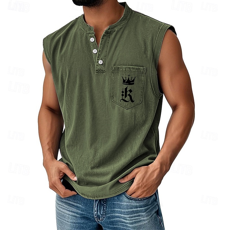 Men's Vest Top Undershirt Sleeveless Shirt Sleeveless Henley All Seasons Letter Fashion Designer Pocket Vacation Street Going out Black Pink Dark Navy Top Tee for Men2