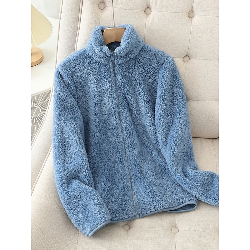 Women's Sherpa Jacket Comfortable Breathable Zipper Pocket Casual Plain Vacation Street Casual Daily Wear Zipper Regular Stand Collar Regular Fit Long Sleeve Outerwear White Pink Blue Spring Fall