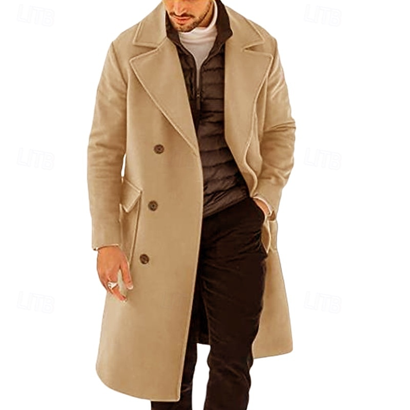 Men Overcoat Peacoat Long Trench Coat Trench Coat Formal Casual Fall Winter Polyester Outerwear Clothing Apparel Classic Classic Notch lapel collar4