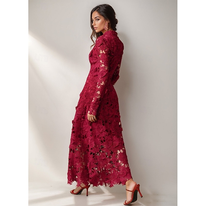 Burgundy Floral Embroidered Lace Sheath / Column Evening Gown Elegant Formal Dress Formal Wedding Ankle Length Long Sleeve High Neck Lace with Appliques 20253