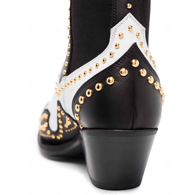 Women's Black Leather Western Ankle Boots with Gold Studs and Metal Toe - Cowboy Style Chunky Heel Boots for Fashion Streetwear and Parties4