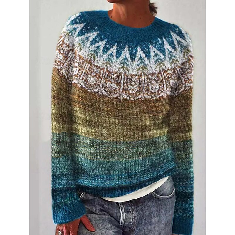 Women's Fair Isle Sweater Pullover Elegant Vintage Streetwear Geometric Ribbed Crew Neck Floral Long Sleeve Regular Tops Knit School Outdoor Home Blue Green Spring Fall2