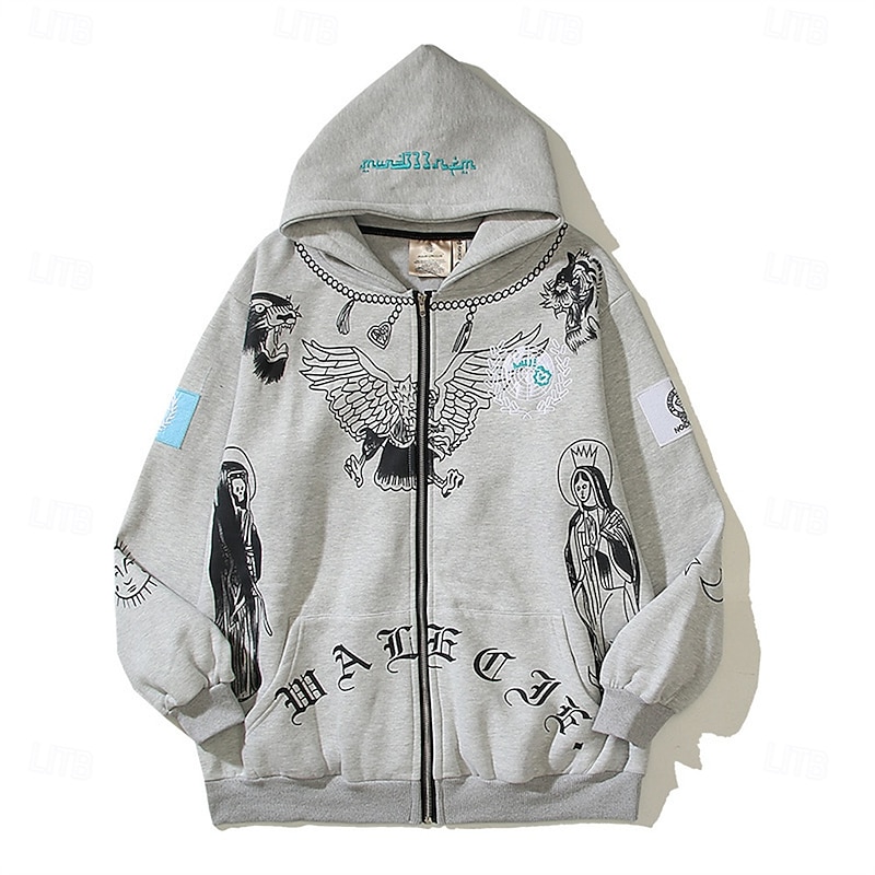 Men's Graphic Eagle Hoodie Fashion Daily Hooded Vacation Party Streetwear Black Gray Zip Up Pocket Printing Spring Fall Designer2