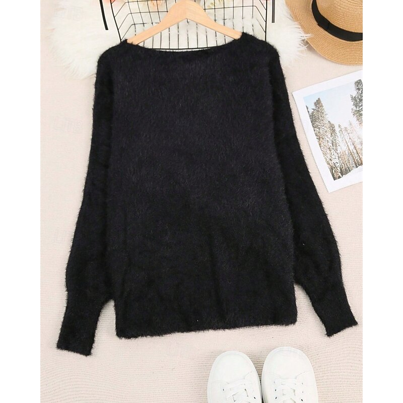 Women's Sweater Pullover Streetwear Casual Pure Color Ribbed Crew Neck Knitted Long Sleeve Regular Tops Knit Outdoor Daily Weekend Black Fall Winter3