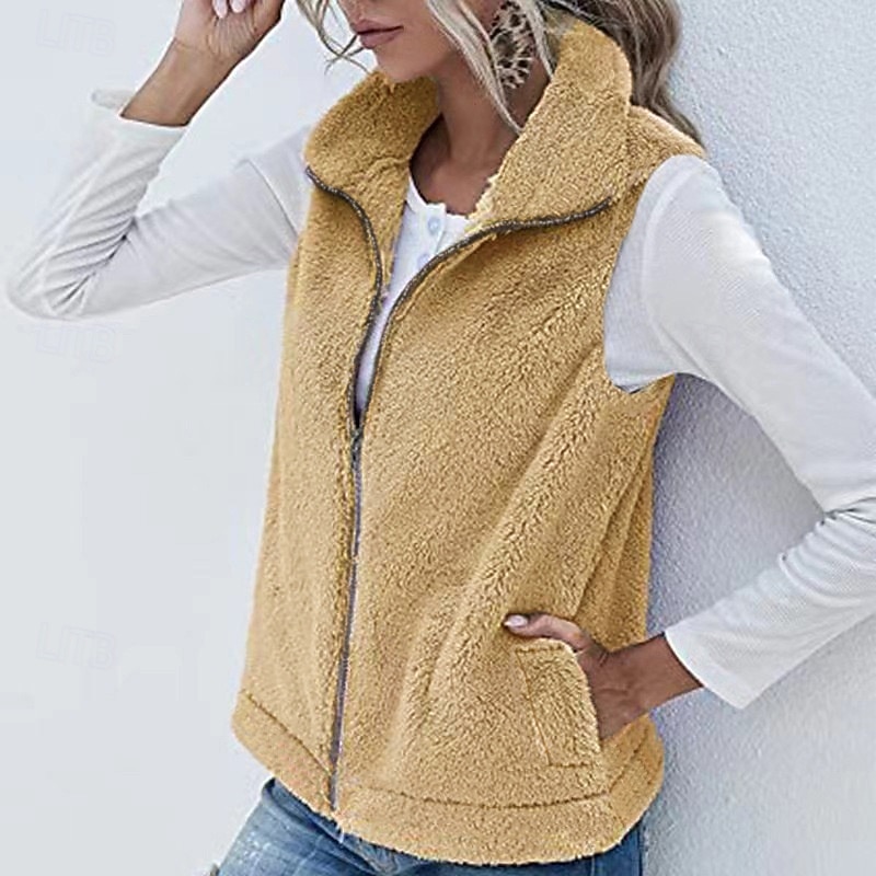 Women's Vest Warm Comfortable Zipper Pocket Casual Plain Casual Daily Weekend Zipper Regular Turndown Regular Fit Sleeveless Outerwear Black Pink Wine Fall Winter