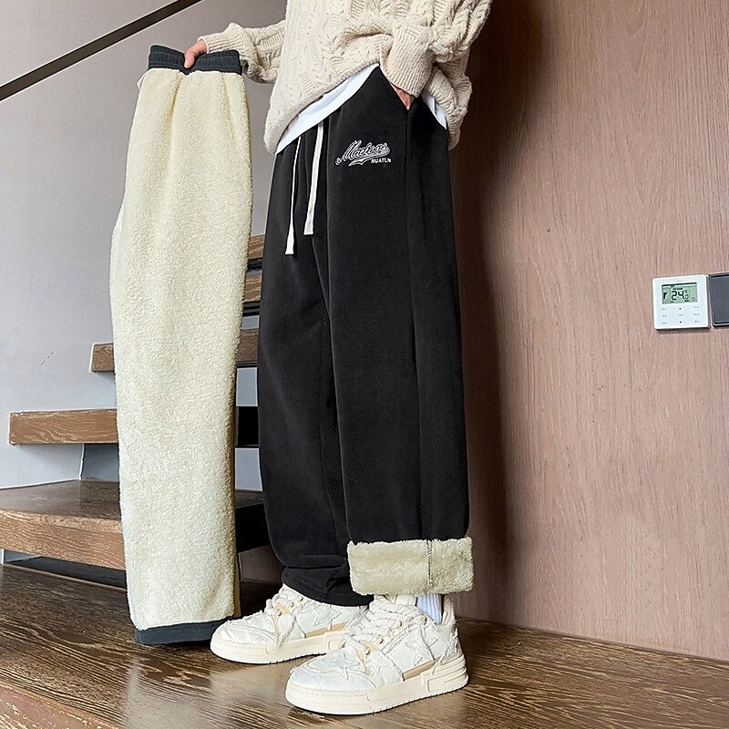 Men's Winter Sweatpants Shrepa Fleece Pants Thick with Pockets Bottoms Athleisure Gym Workout Windproof Warm Gym Outdoor Running Regular Fit Sportswear Activewear Solid Colored Black White+Black4