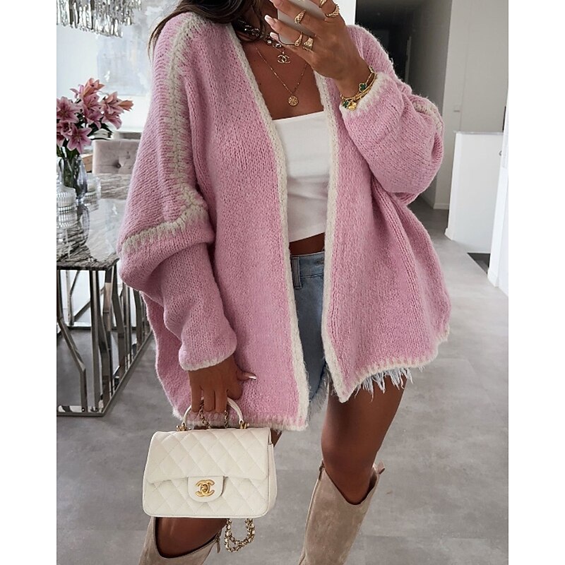 Women's Sweater Cardigan Streetwear Casual Color Block Crew Neck Patchwork Knitted Long Sleeve Regular Tops Knit Holiday Going out Weekend Black Pink Fall Winter