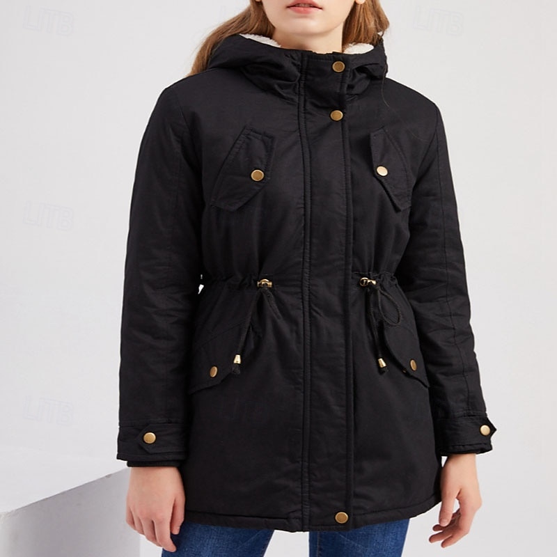Women's Parka Warm Comfortable Zipper Pocket With Belt Casual Solid Color Vacation Street Casual Daily Wear Long Hooded Regular Fit Long Sleeve Outerwear Navy Black Pink Fall Winter2