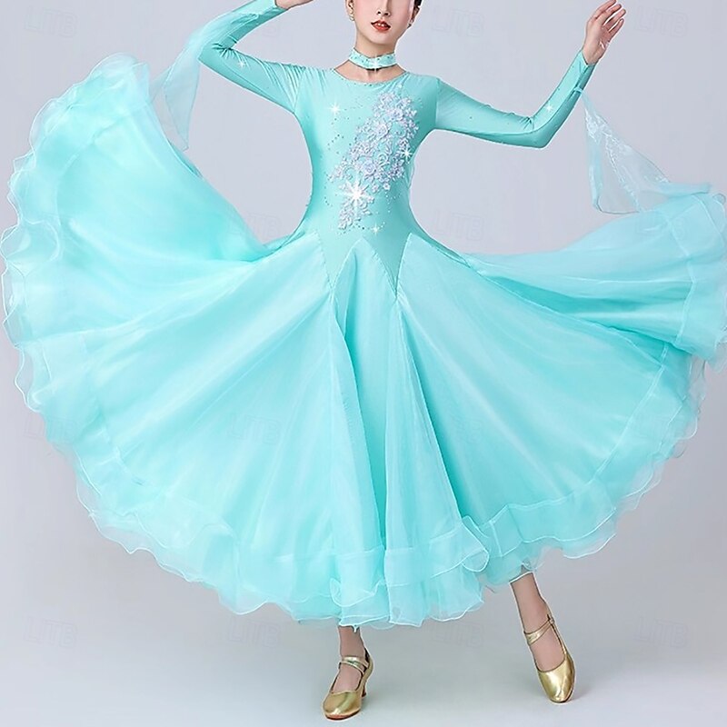 Ballroom Dance Dress Rhinestone Splicing Women's Performance Training Long Sleeve Spandex Organza4