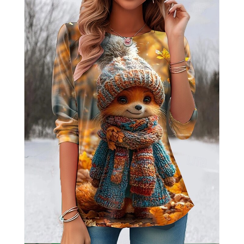 Easter Women's T Shirt Graphic Animal Cat Vintage Stylish Classic Long Sleeve Crew Neck Round Neck Regular Tops Daily Print Yellow Red Dusty Blue Summer Spring Fall Winter3