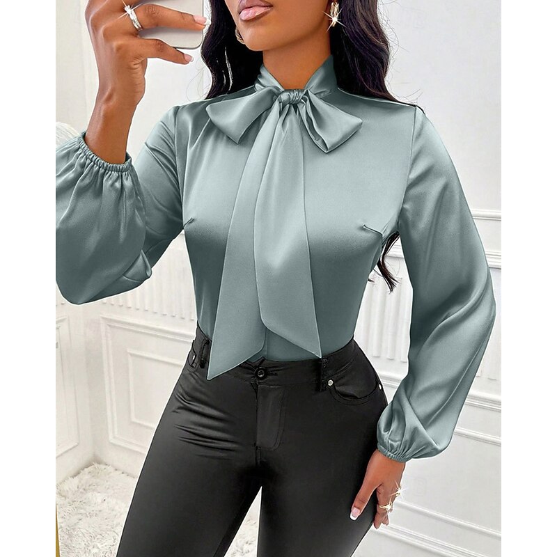 Women's Shirt Elegant Dressy Satin Plain Elegant Stylish Basic Long Sleeve Tie Neck Regular Tops Daily Going out Bow Green Spring Fall4