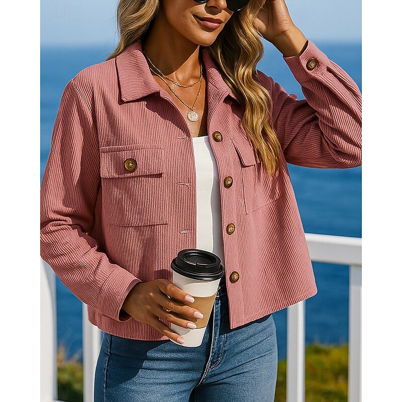 Women's Lounge Croppped Jacket Corduroy Jacket Buttons Long Sleeve Top Athleisure Fall Solid Colored Outdoor Travel Sports Sportswear Activewear Black Pink Khaki