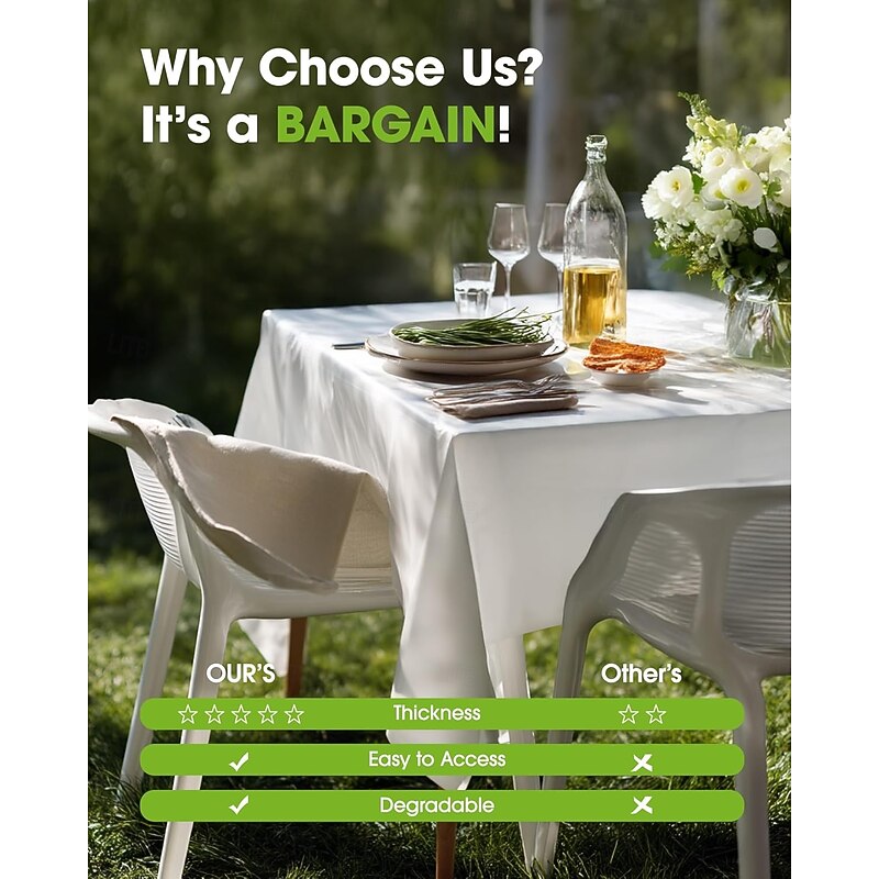 10 Pack Plastic Table Cloth Disposable 54 x 108 Inch Table Cloths, Party, Picnic, Wedding, Decorative Tablecloths, Rectangle, White Plastic Cover, Leakproof & Sturdy3