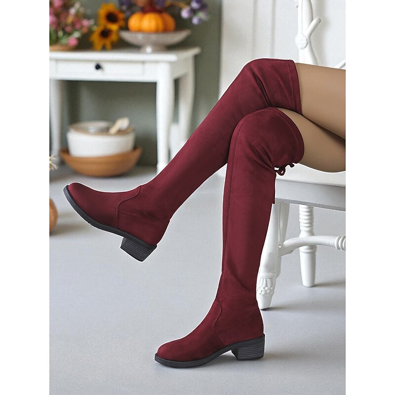 Women's Burgundy Over-the-Knee Faux Suede Boots – Stretchy Block Heel Tall Boots for Autumn Winter Fashion and Daily Outfits4