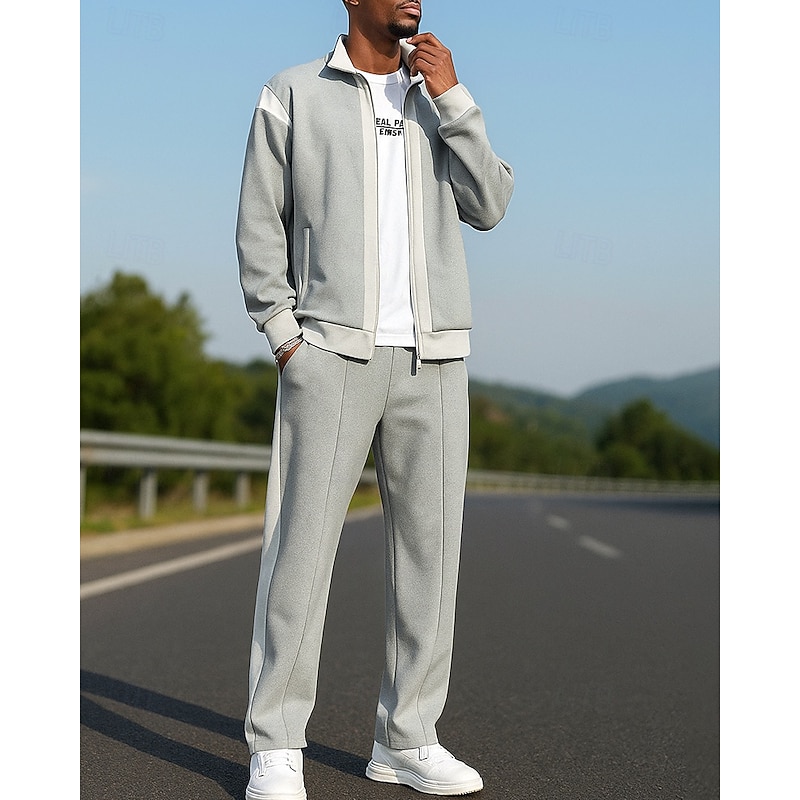 Men's Zip Up Sweatshirt Lounge Sweatsuit Sets 2 Piece Tracksuit with Pocket Color Block Clothing Suit Fall Black White Hiking Vocation Outdoor Long Sleeve Sport Activewear Micro-elastic Regular Fit3