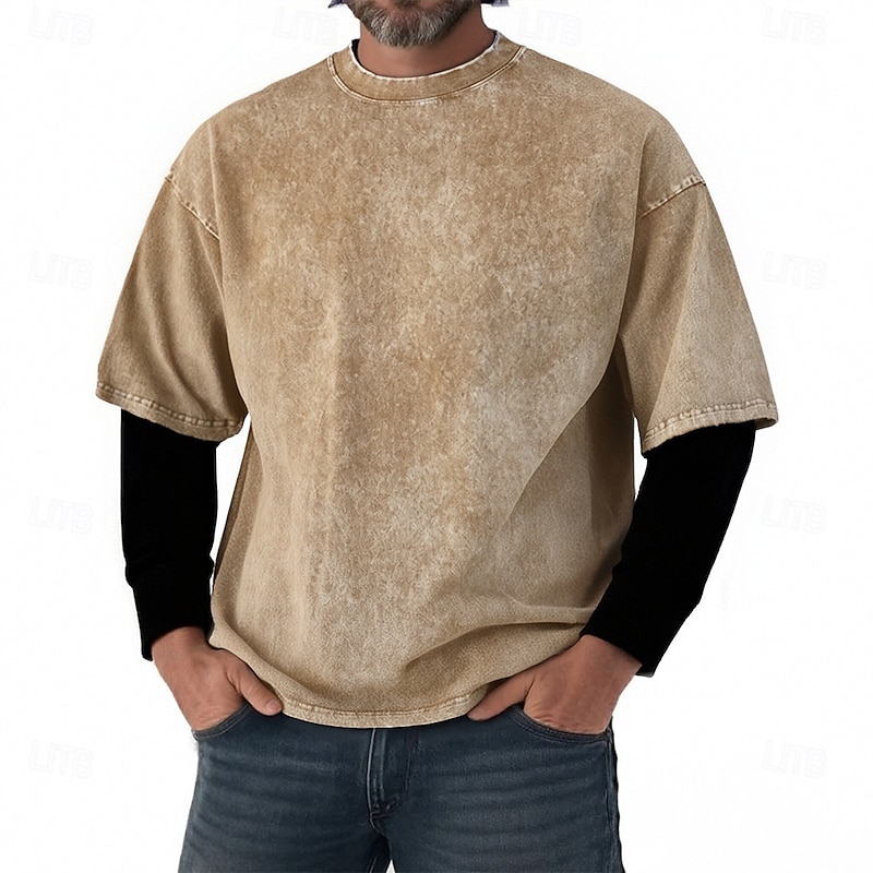 Men's T Shirt Tee Tee Top Long Sleeve Shirt Long Sleeve Crew Neck Spring Fall Color Block Fashion Designer Basic 2 in 1 Vacation Street Going out Black Khaki Gray Top Tee for Men