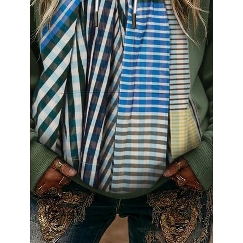 Women's Pullover Hoodies Geometric Striped Fashion Streetwear Casual Long Sleeve Hooded Regular Tops Dailywear Casual Sports Drawstring Pocket Print Green Spring Fall3