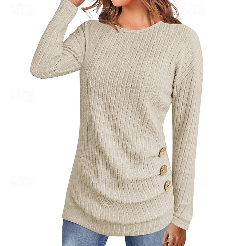 Women's Sweater Pullover Streetwear Casual Solid Color Ribbed Crew Neck Buttons Knitted Long Sleeve Regular Tops Knit Daily Holiday Weekend Black Army Green Fall Winter2