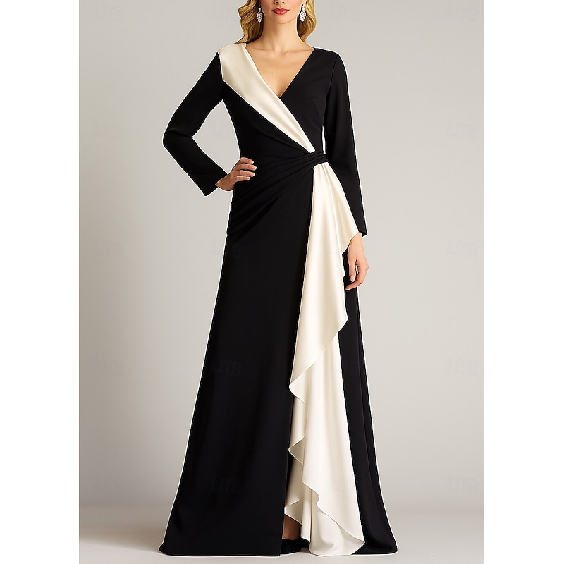 A-Line Evening Gown Elegant Formal Dress Formal Wedding Floor Length Long Sleeve V Neck Belt / Sash Stretch Crepe with Pleats 20252