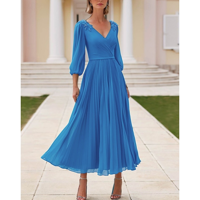 A-Line Dress Beach Wedding Mother of the Bride Dress Elegant V Neck Tea Length Long Chiffon 3/4 Length Sleeve with Lace Tier Solid Color3