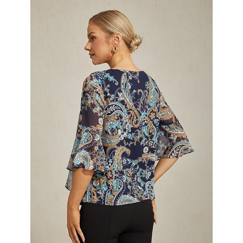 Women's Female Paisley Casual Blue Paisley 3/4 Sleeve Elegant Casual Daily Crew Neck Round Summer Spring Fall2