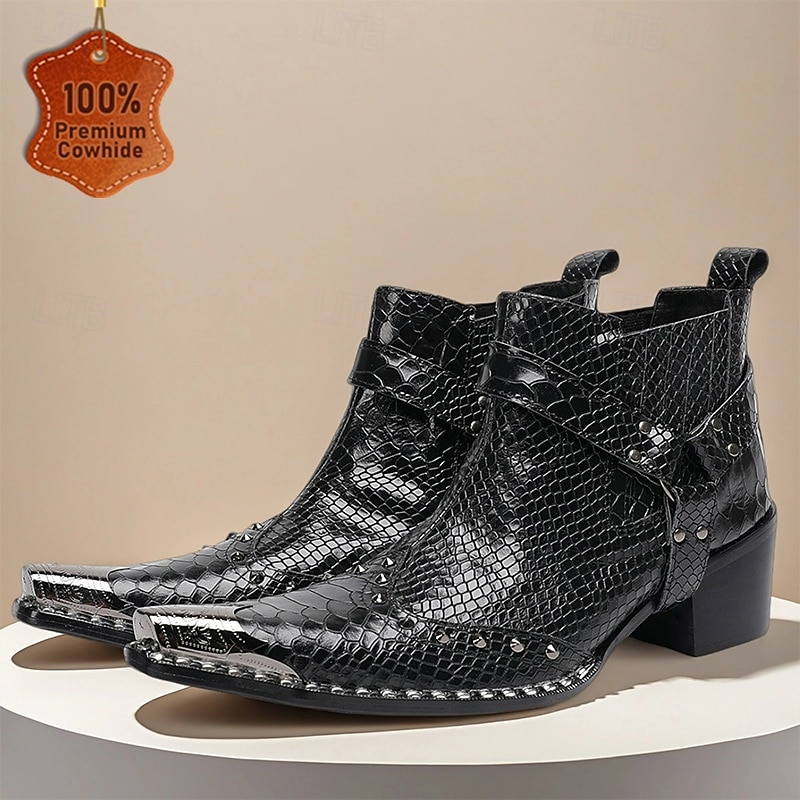 Men's Black Snakeskin Pattern Harley Motorcycle Boots with Pointed Toe, Metal Toe Cap, Ankle Buckle Strap, Western Rock Style Short Boots for Biker Riders, Concerts, Parties and Night Out