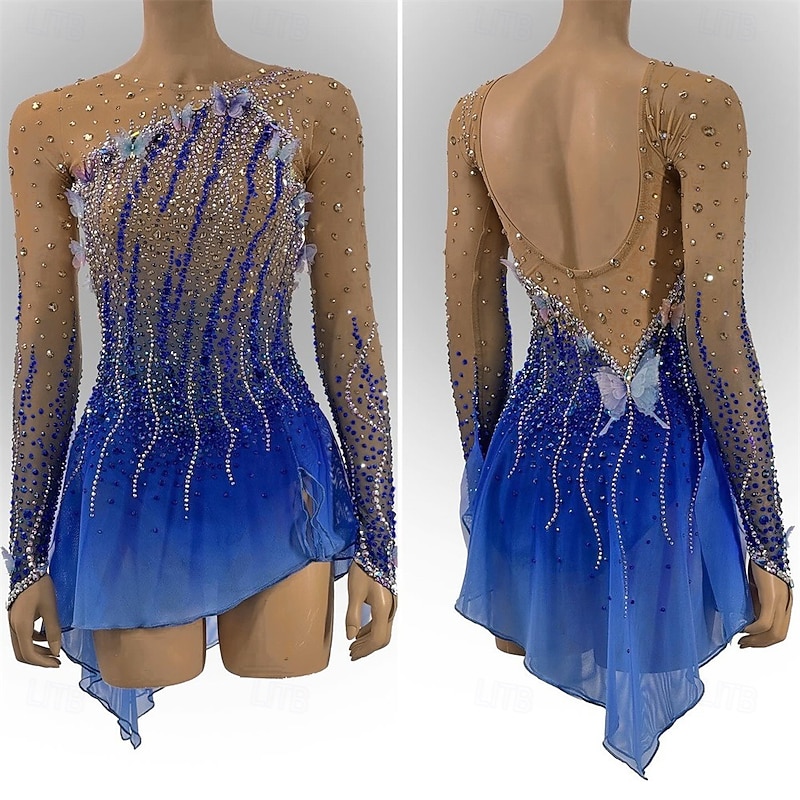 Figure Skating Dress Women's Girls' Ice Skating Dress Blue Black Thumbhole Open Back Mesh High Elasticity Training Competition Skating Wear Classic Crystal / Rhinestone Long Sleeve Ice Skating Figure