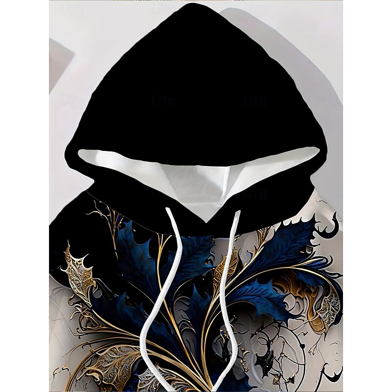Women's Pullover Hoodie Sweatshirt Floral Graphic Abstract Casual Boho Long Sleeve Hooded Regular Tops Street Dailywear Patchwork Print Front Pocket Dark Blue Fall Winter4
